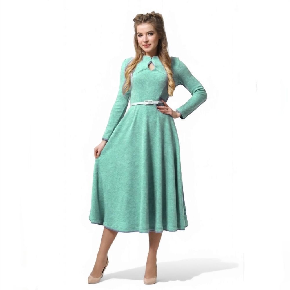 NWT Lila Kass Elegant Wool Mohair Belted Long Sleeve Midi Dress in Mint Green 8